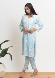 Muslin Chikankari Coord set - Ice Blue