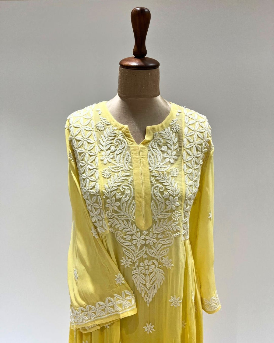 Viscose Anarkali Chikankari Kurta - Sunshine Yellow