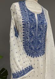 Mul Chanderi Chikankari Unstitch 2pc Suit - White & Blue