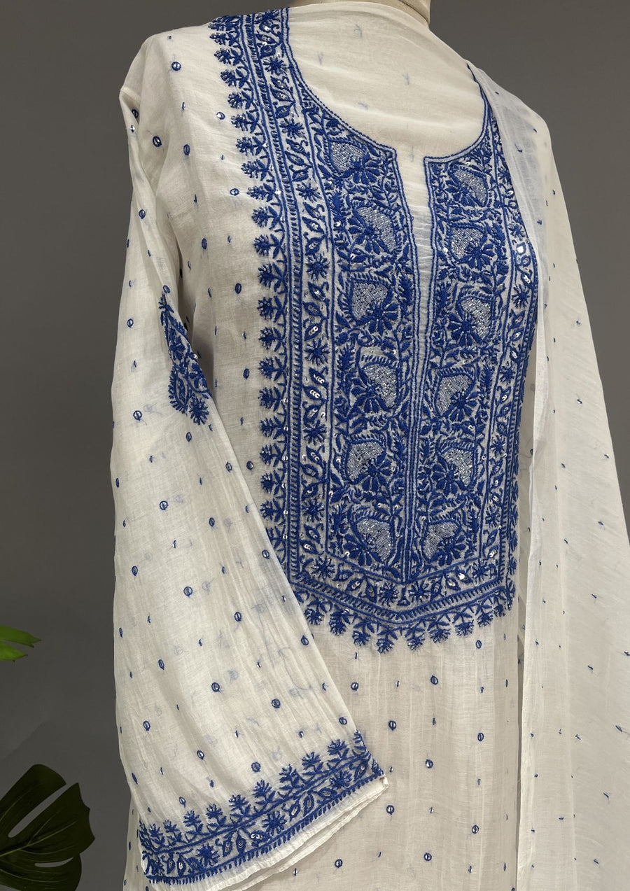 Mul Chanderi Chikankari Unstitch 2pc Suit - White & Blue