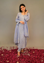 Cadet blue Chikankari mul chanderi suit