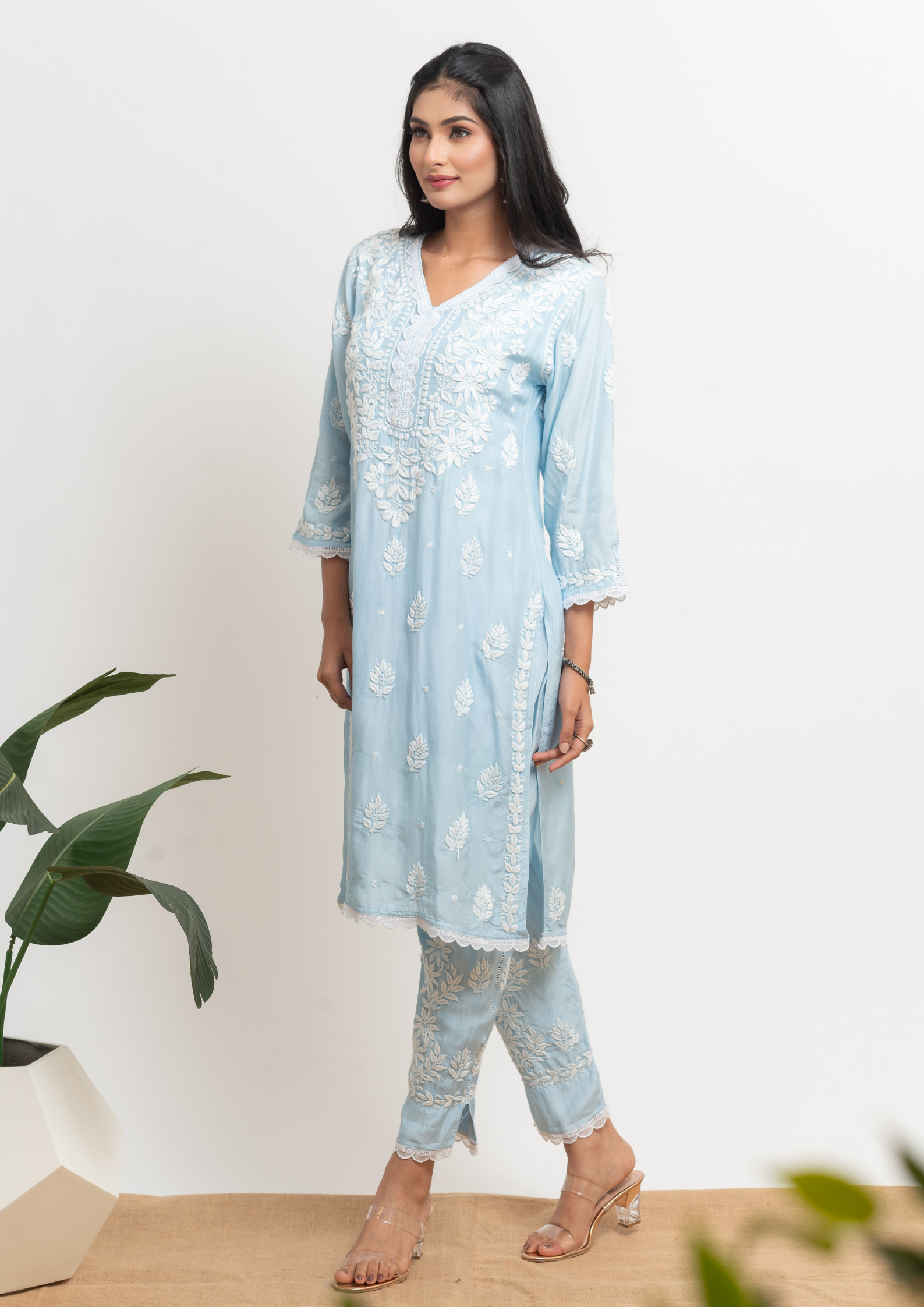 Muslin Chikankari Coord set - Ice Blue