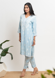 Muslin Chikankari Coord set - Ice Blue