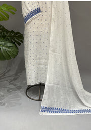 Mul Chanderi Chikankari Unstitch 2pc Suit - White & Blue