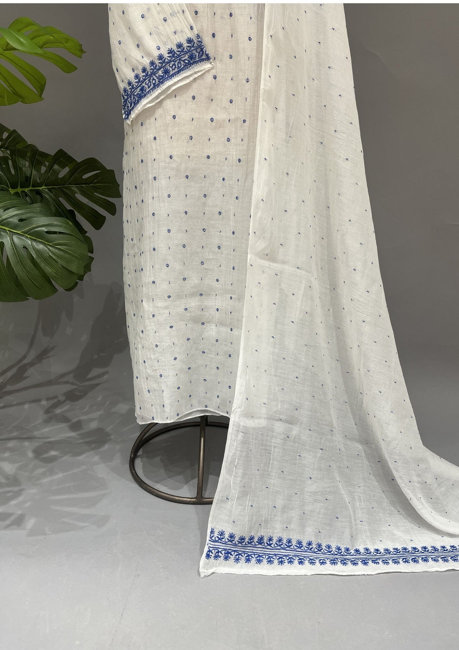 Mul Chanderi Chikankari Unstitch 2pc Suit - White & Blue
