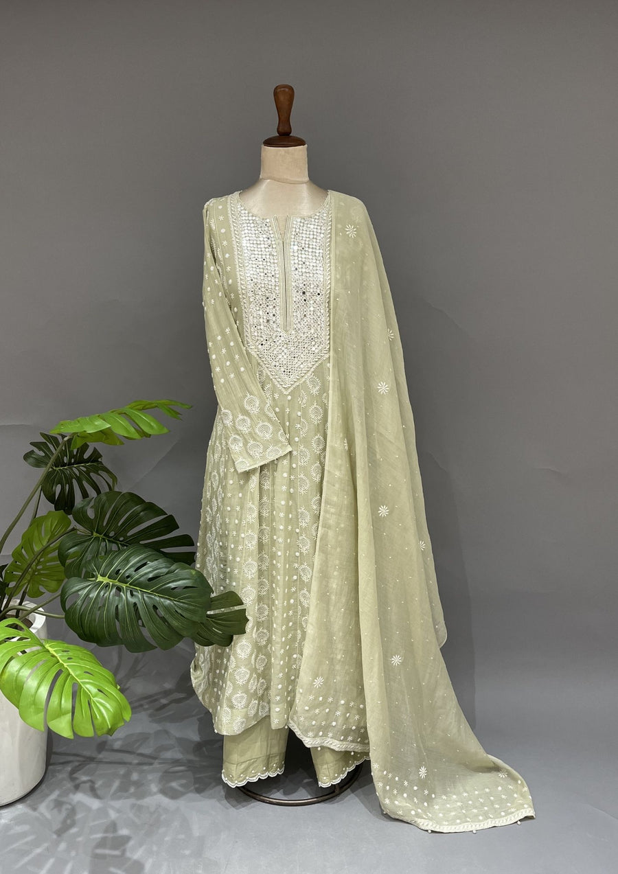 Tissue Chikankari Stitch Anarkali Set - Tea Green