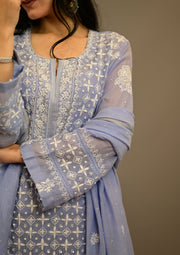 Cadet blue Chikankari mul chanderi suit