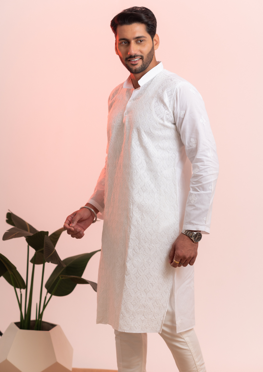 Cotton Chikankari Men's Kurta - White