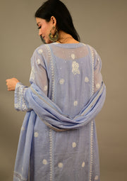 Cadet blue Chikankari mul chanderi suit