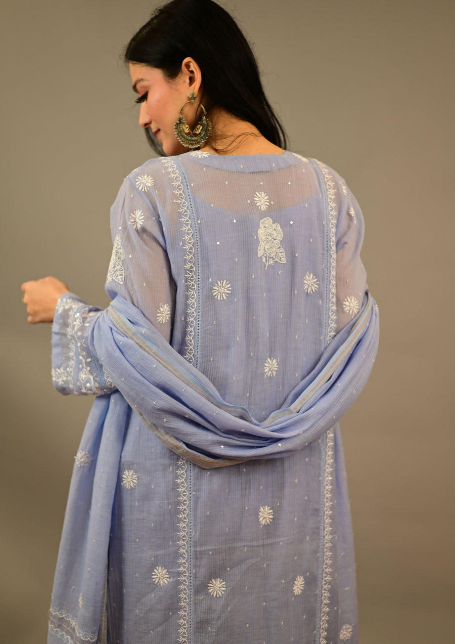 Cadet blue Chikankari mul chanderi suit