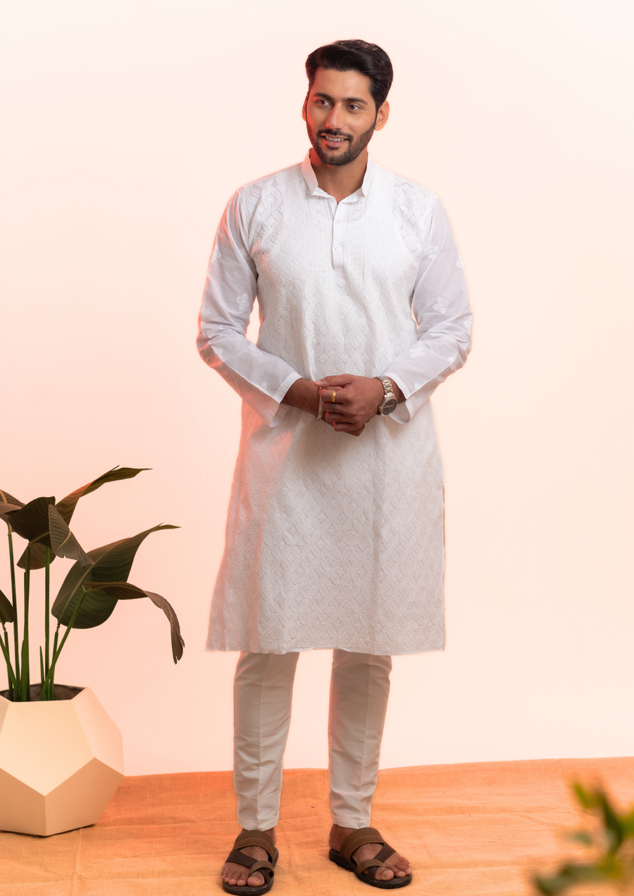 Cotton Chikankari Men's Kurta - White