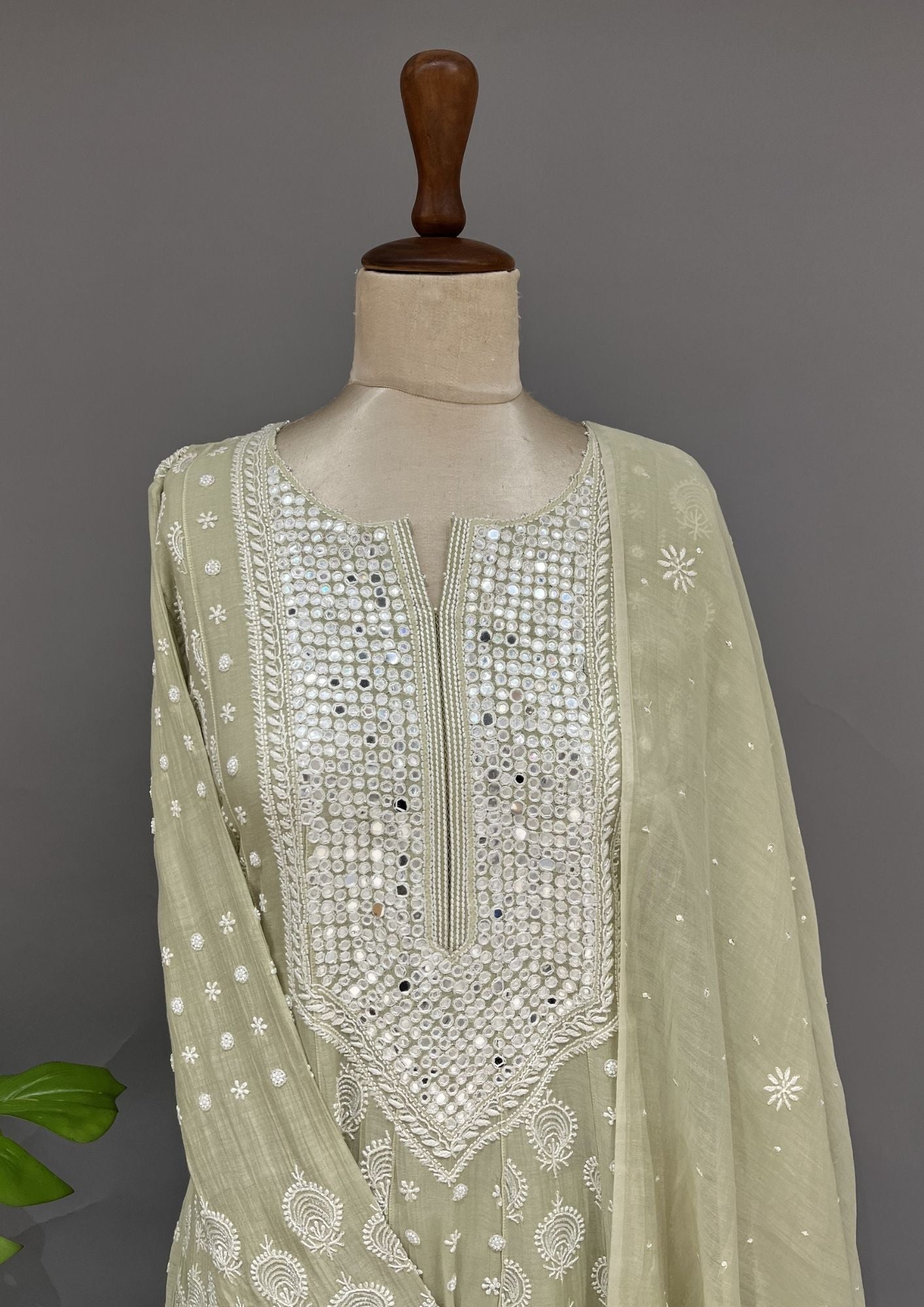 Tissue Chikankari Stitch Anarkali Set - Tea Green
