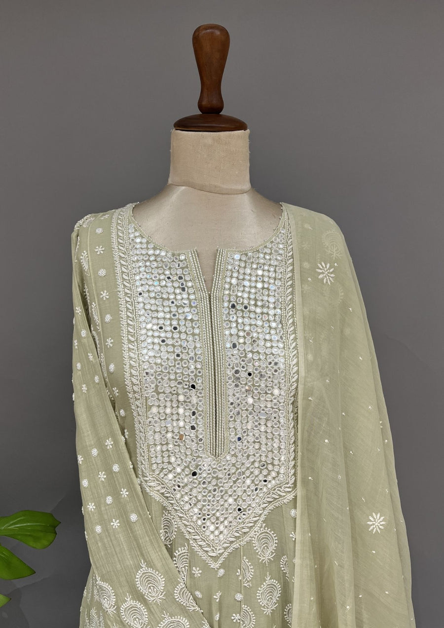 Tissue Chikankari Stitch Anarkali Set - Tea Green