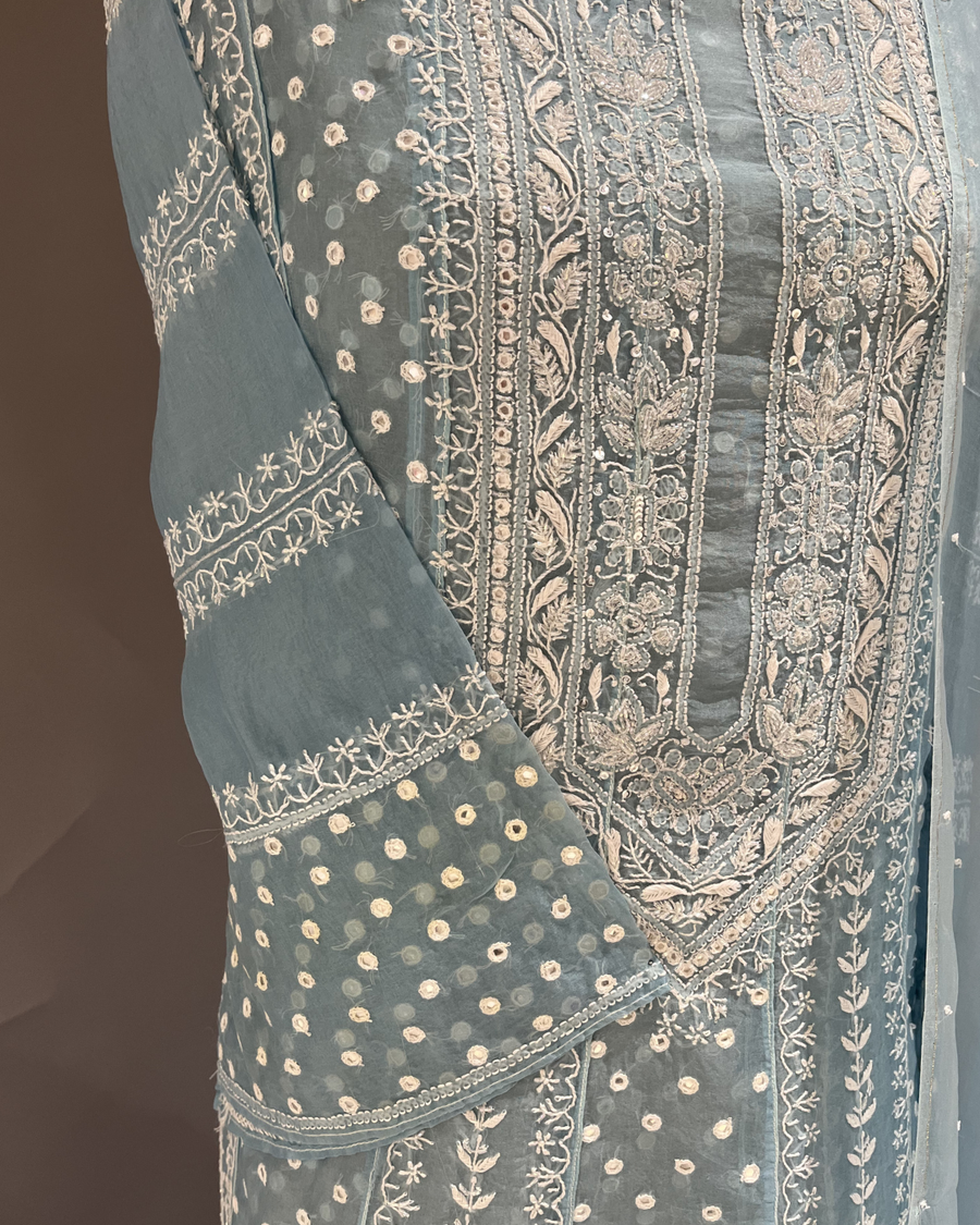 Chikankari Organza Anarkali set - Powder Blue