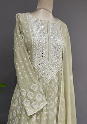 Tissue Chikankari Stitch Anarkali Set - Tea Green