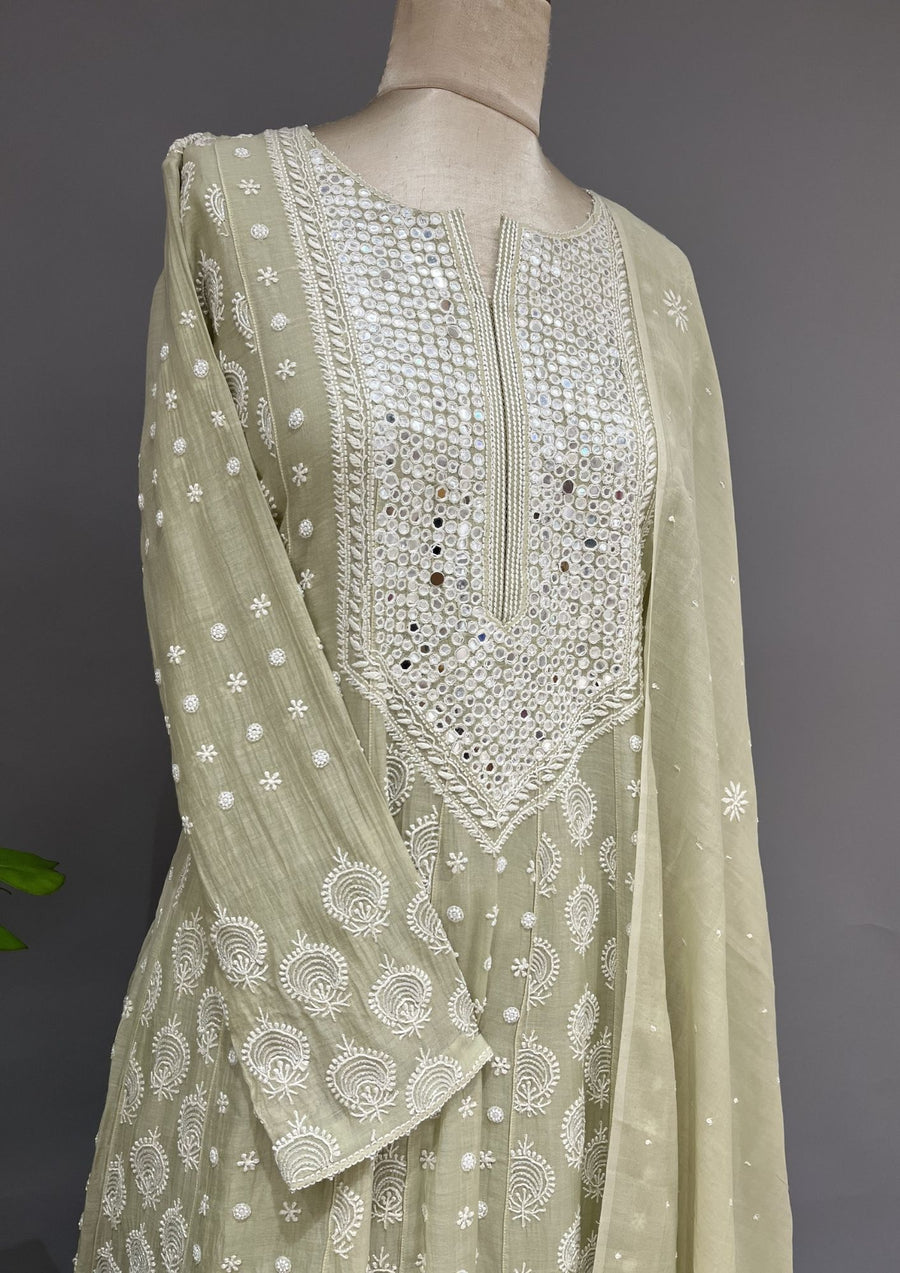 Tissue Chikankari Stitch Anarkali Set - Tea Green