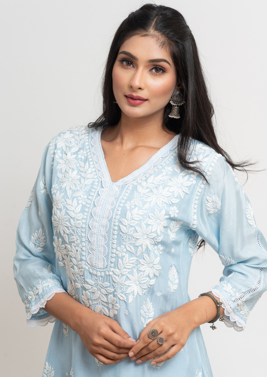 Muslin Chikankari Coord set - Ice Blue