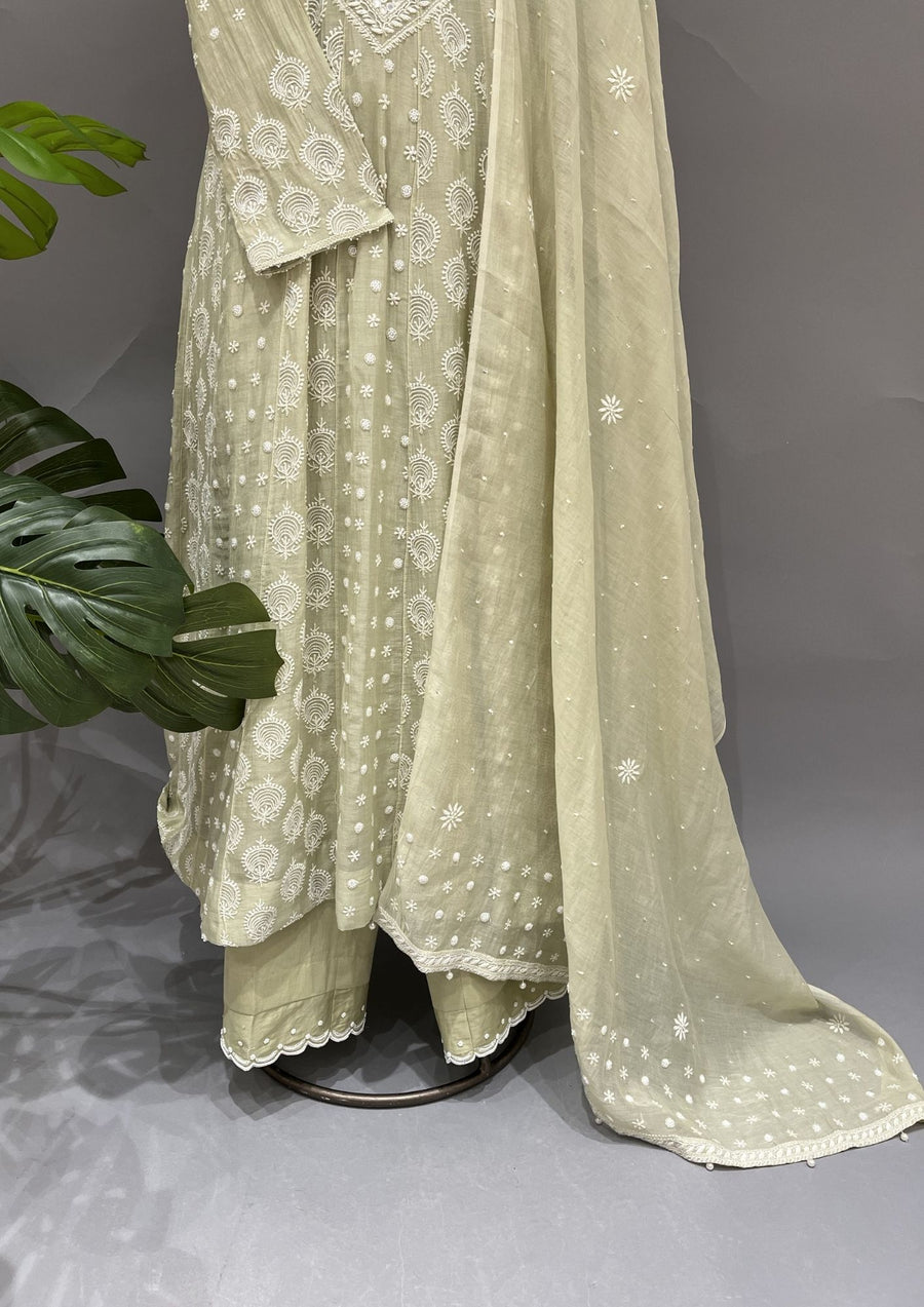 Tissue Chikankari Stitch Anarkali Set - Tea Green