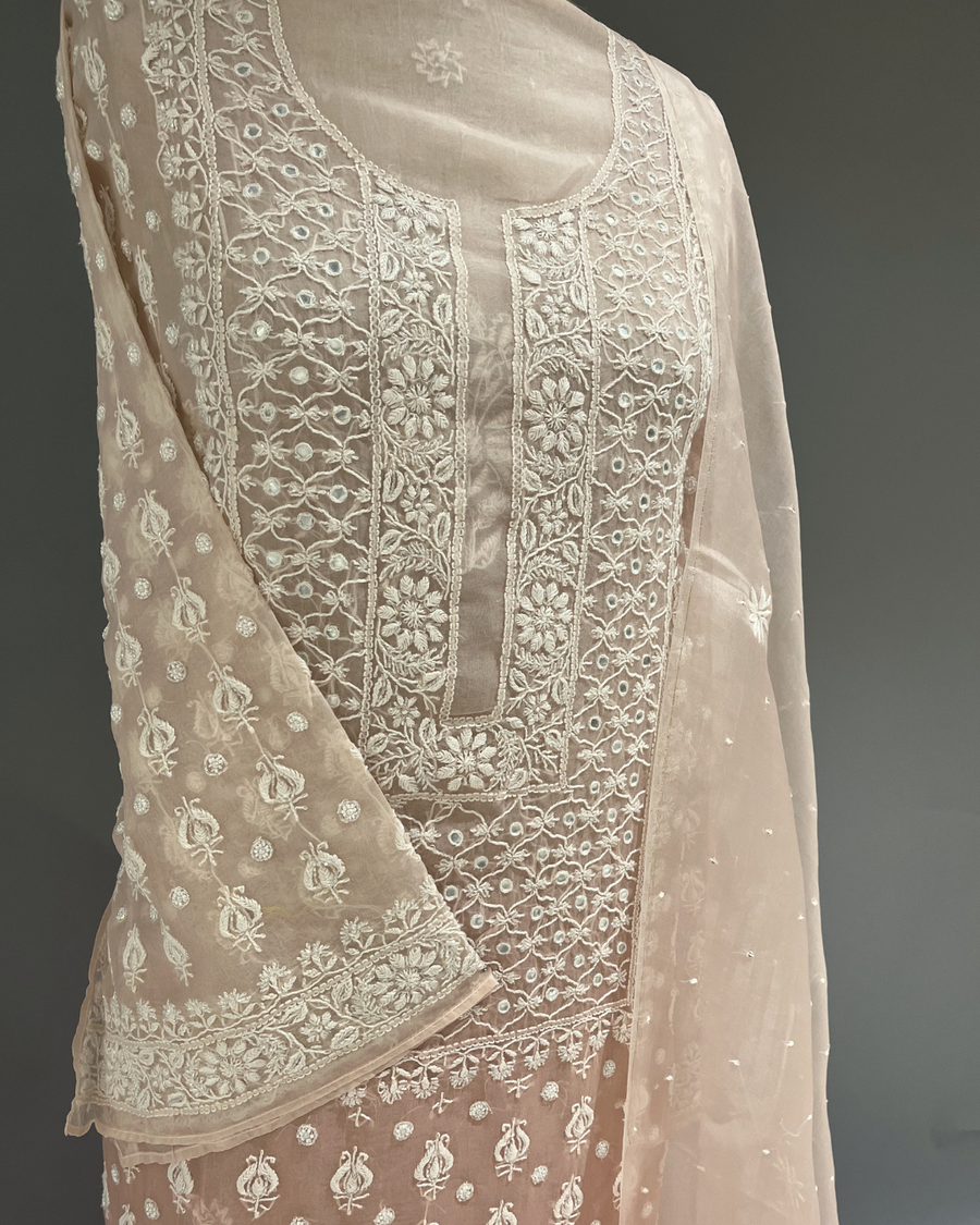 Chikankari Organza Suit set - Rose pink Ombre