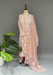 Tissue Chikankari Stitch 3pc Suit Set - Pale Pink