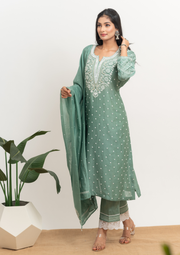 Women's Handcrafted Mul Chanderi Chikankari Kurta, Dupatta And Pant Set - English Green