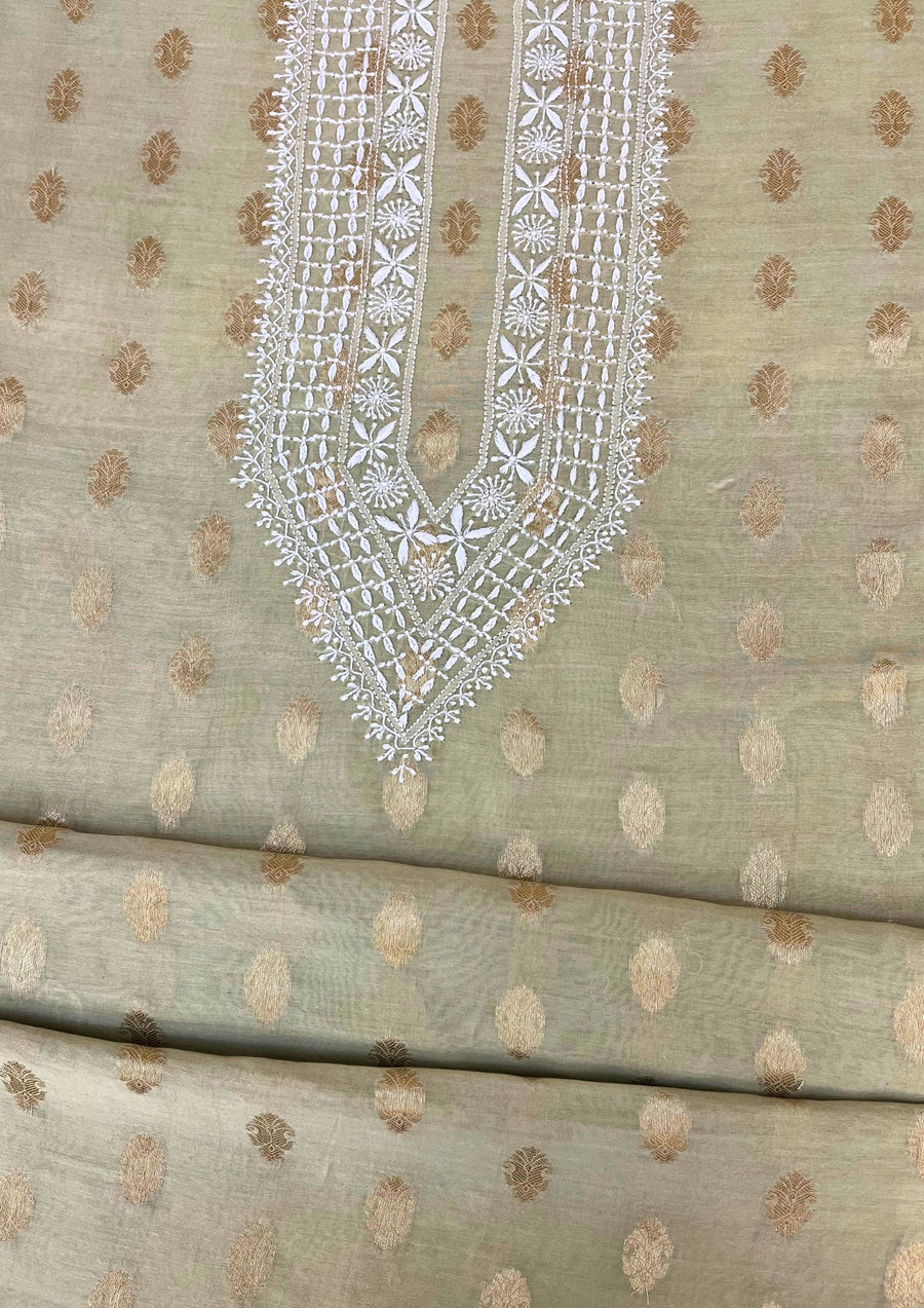 Mul Chanderi Chikankari Men’s kurta - Light Olive