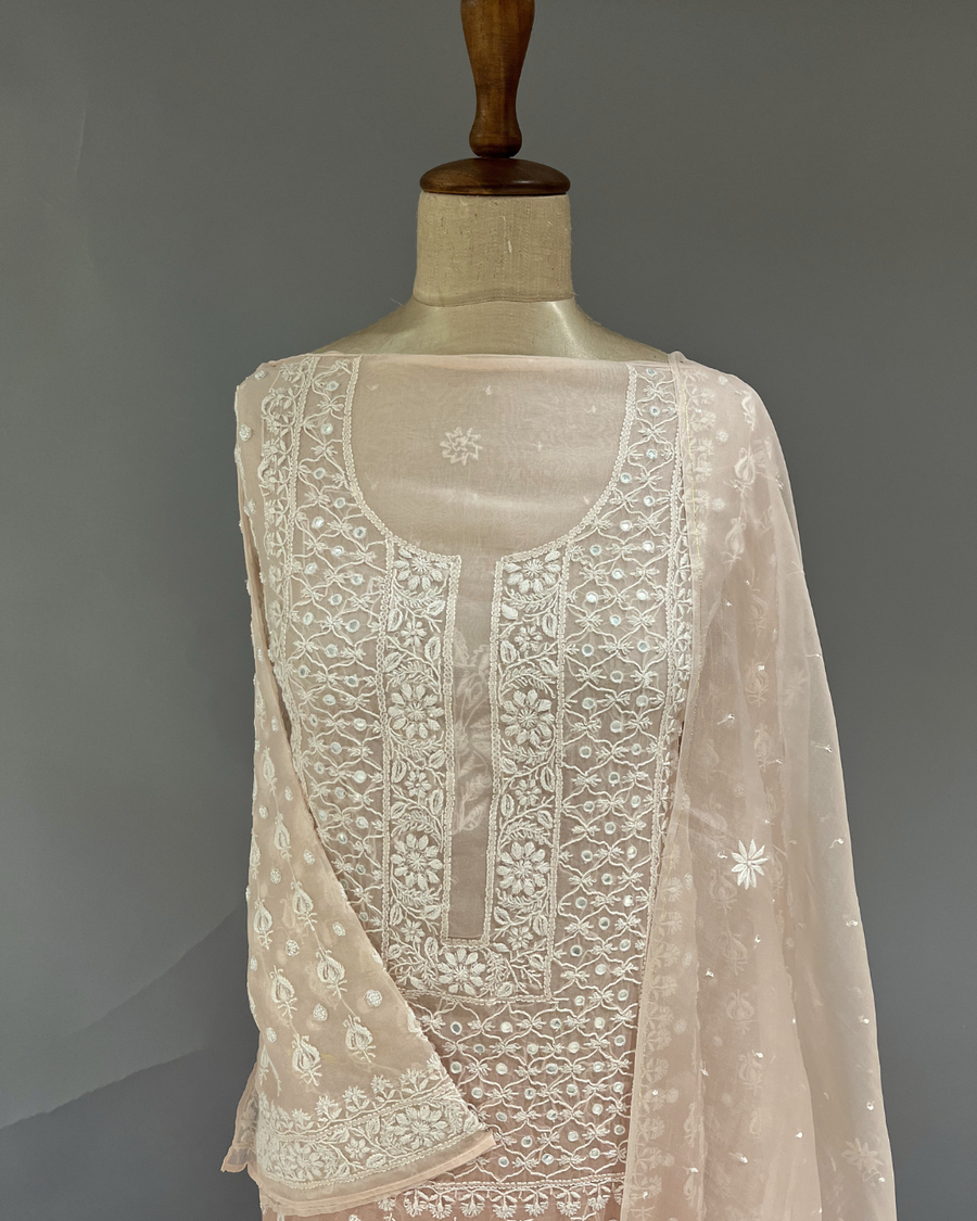 Chikankari Organza Suit set - Rose pink Ombre