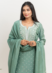 Women's Handcrafted Mul Chanderi Chikankari Kurta, Dupatta And Pant Set - English Green