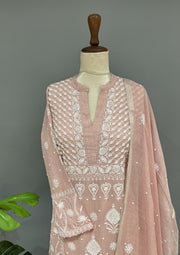 Tissue Chikankari Stitch 3pc Suit Set - Pale Pink
