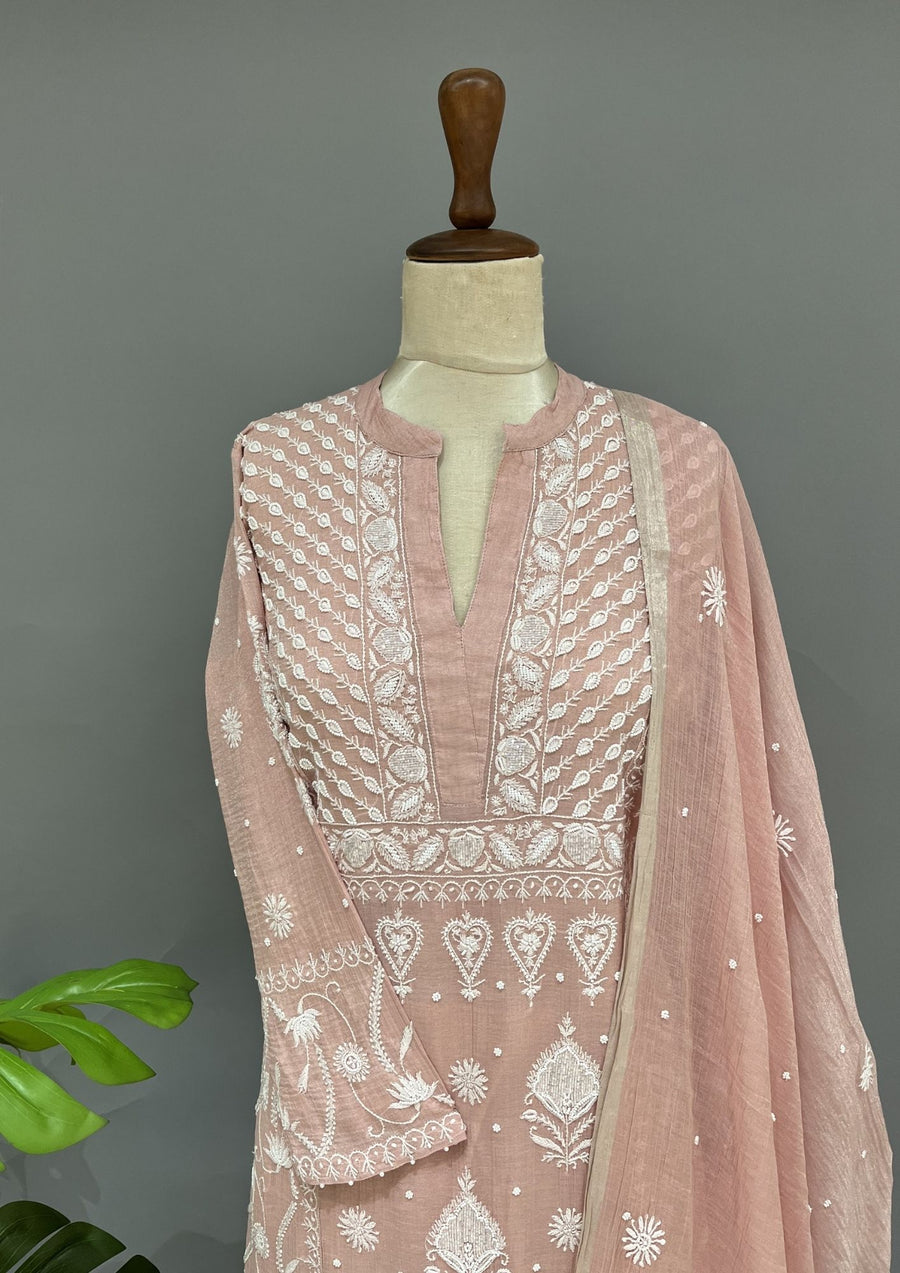 Tissue Chikankari Stitch 3pc Suit Set - Pale Pink