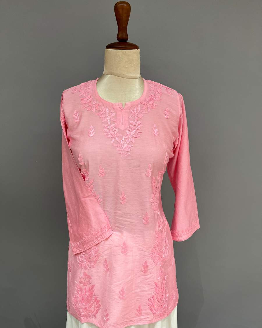 Chanderi Chikankari Short Kurti - Carnation Pink