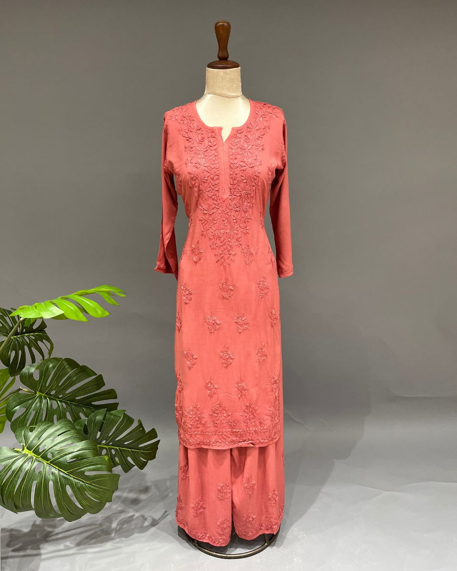 Rayon Chikankari Kurta and Bottom set - Coral Red
