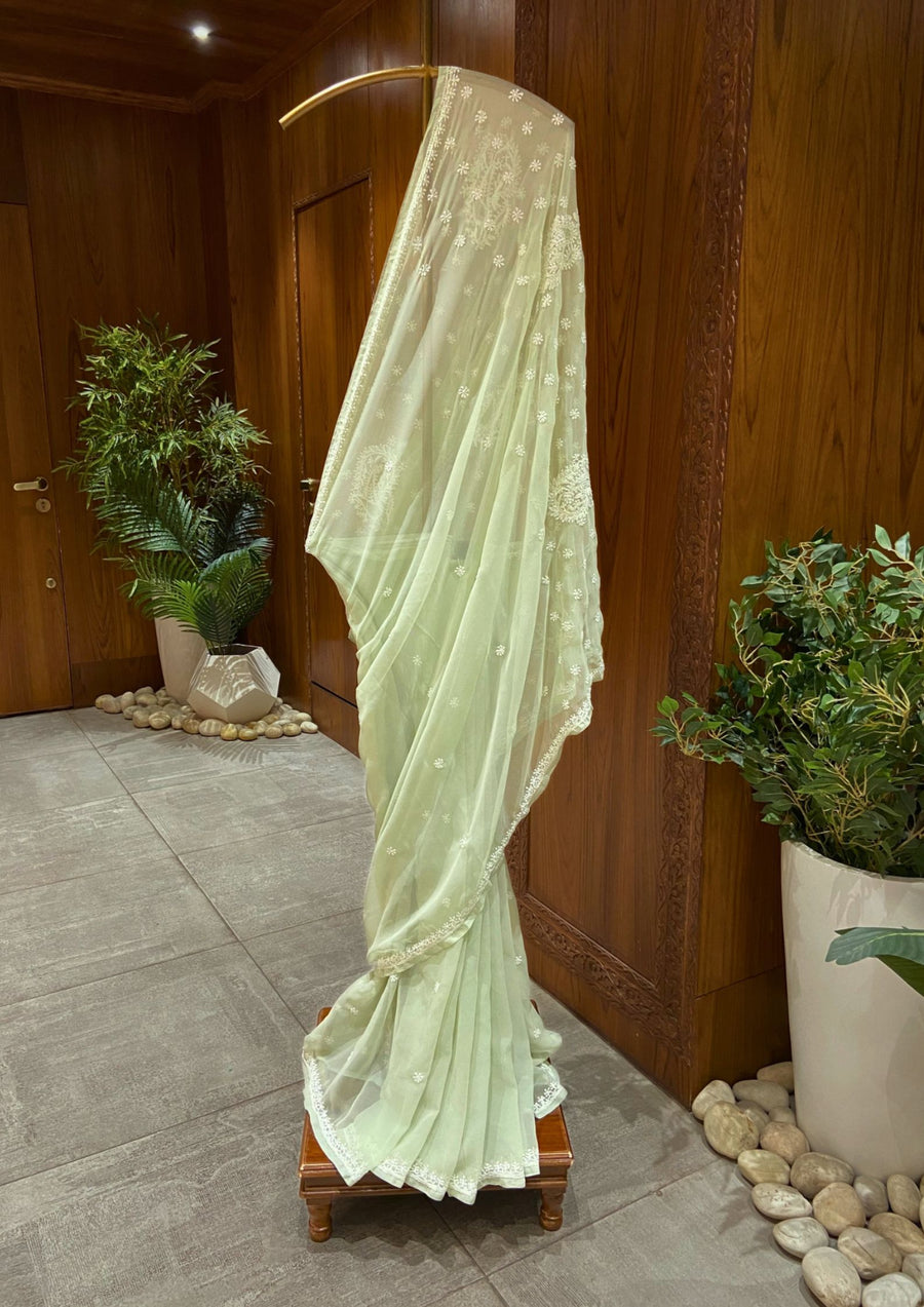 Chikan Saree Georgette - Pista Green