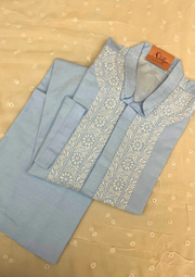 Cotton Chikankari Stitched Mens Kurta - Powder Blue