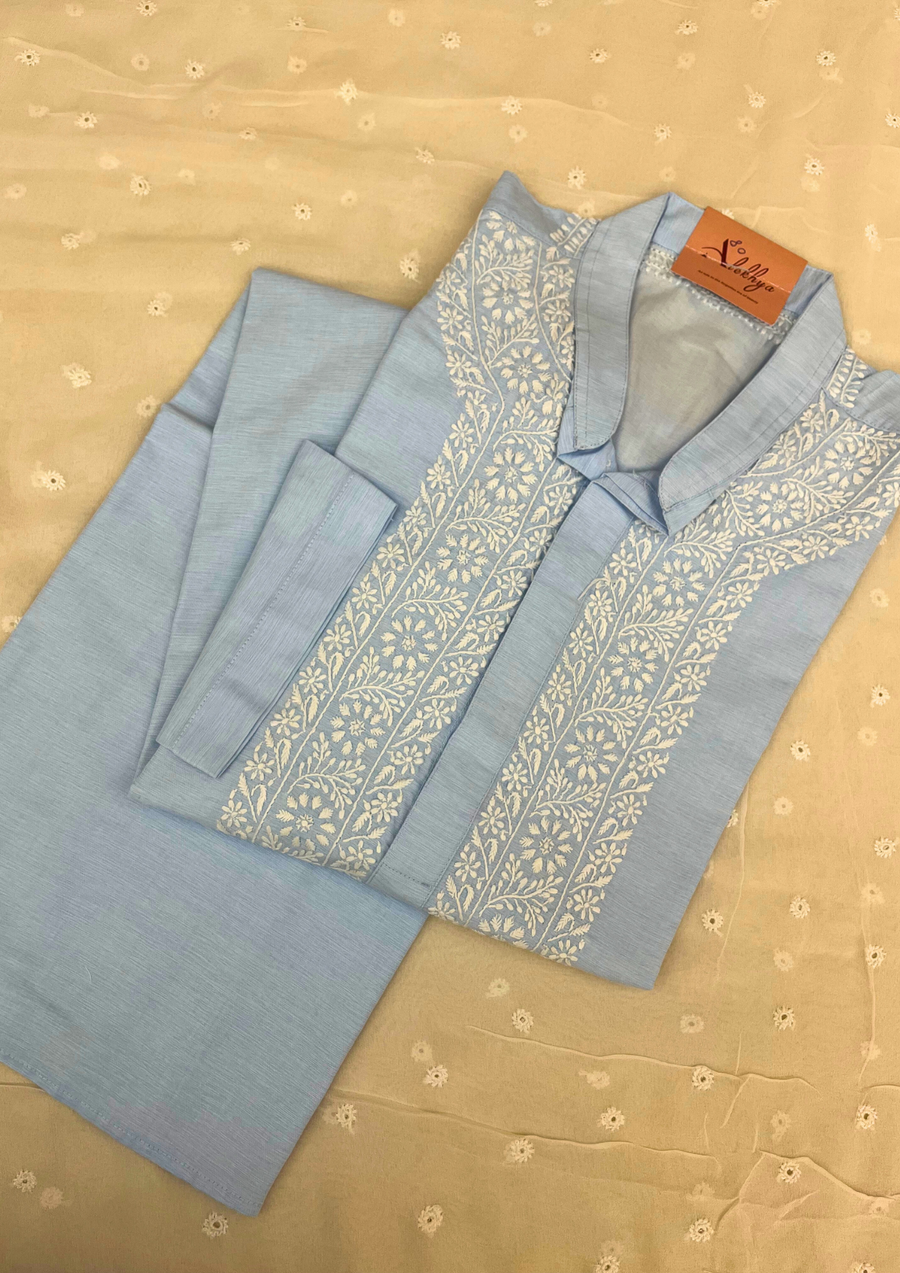 Cotton Chikankari Stitched Mens Kurta - Powder Blue