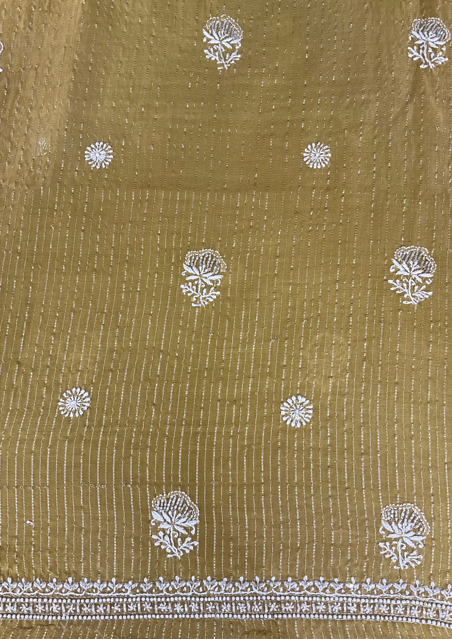Chanderi Chikankari Unstitched Mens Kurta - Mustard Yellow