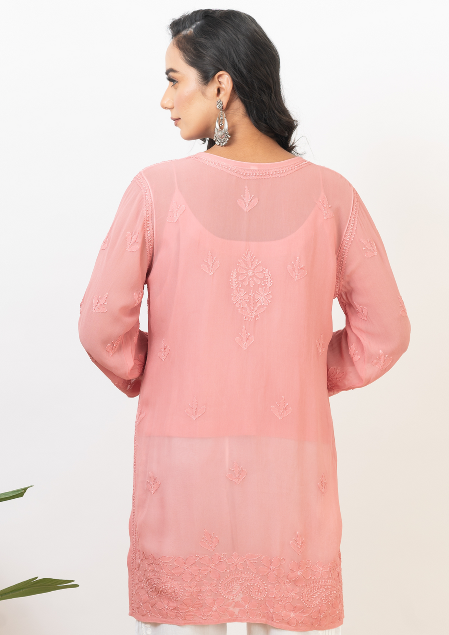 Georgette chikankari short kurta - dusty pink