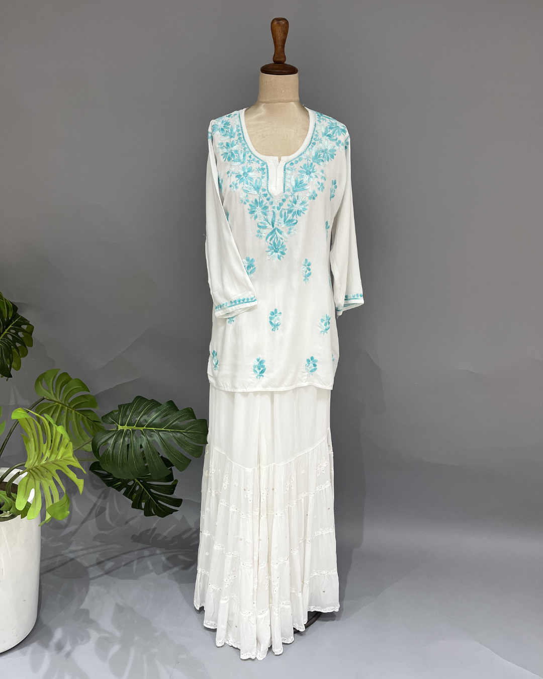 Rayon Chikankari Short Kurti - White and Sea Blue