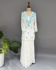 Rayon Chikankari Short Kurti - White and Sea Blue