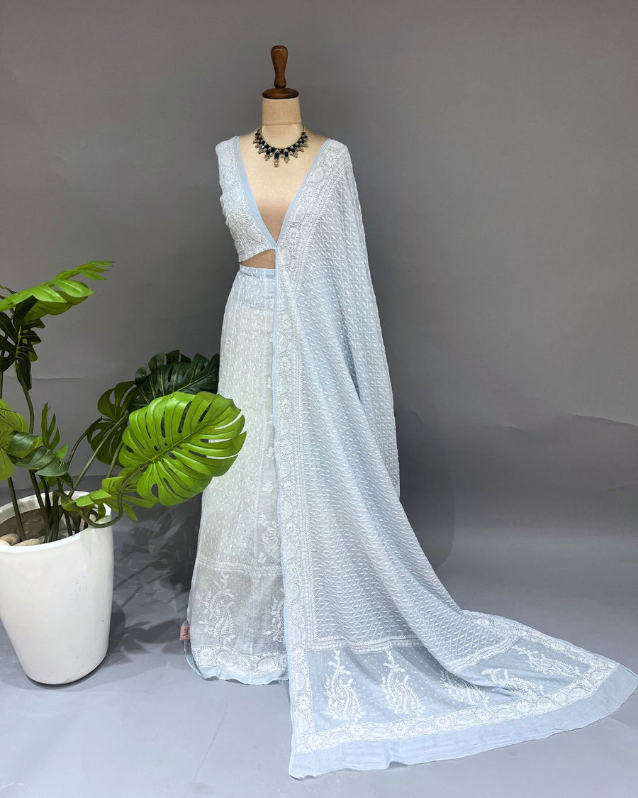 Mul Chanderi Chikankari Unstich Lehenga - Powder Blue
