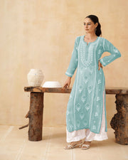 Mul Chikankari Long Kurti - Sea Blue