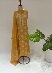 Mul Chanderi Chikankari Unstitched Suit - Mustard Yellow