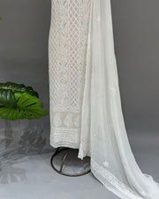 Viscose Chikankari Unstitched Suit Set - White