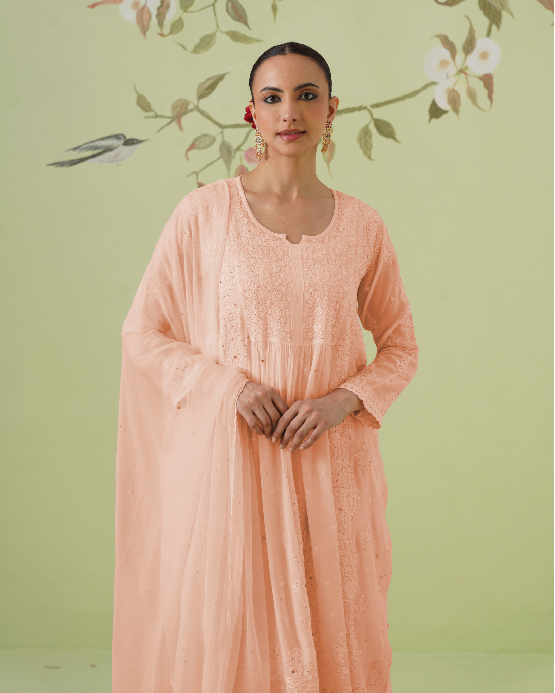 Chikankari Viscose Short Kurta Suit Set - Ombre Peach