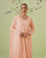 Chikankari Viscose Short Kurta Suit Set - Ombre Peach