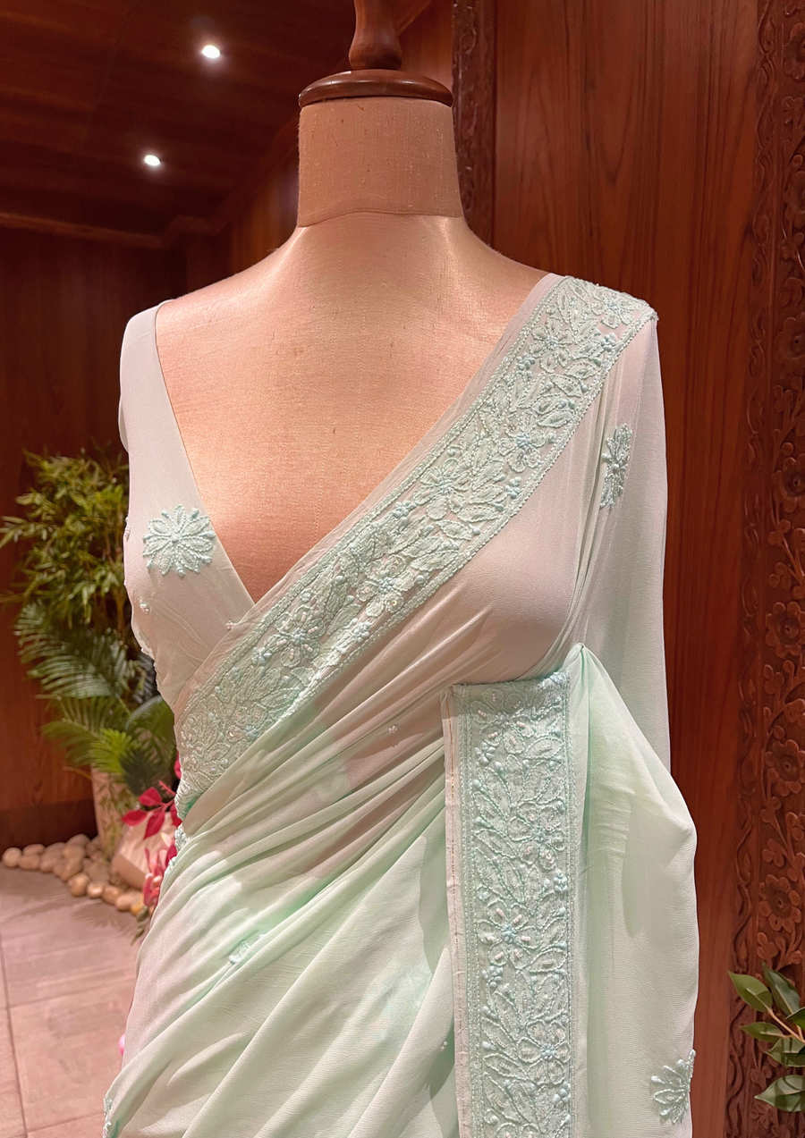 Chikankari Viscose Saree - Mint Green