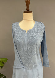 Cotton Chikankari Kurti - Cornflower Blue