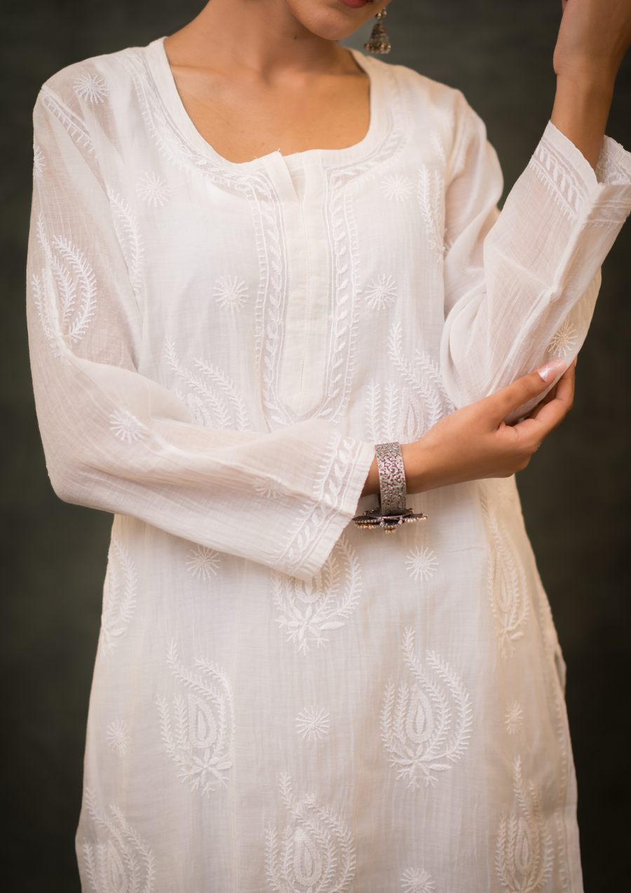 Mul Chanderi  Chikankari Short Kurta - Ivory White