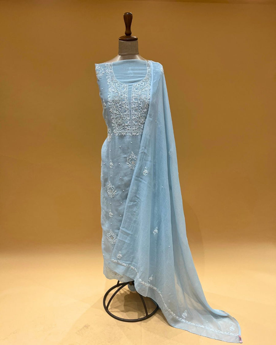 Mul Chikankari Unstitched 2pc Suit - Clear Sky