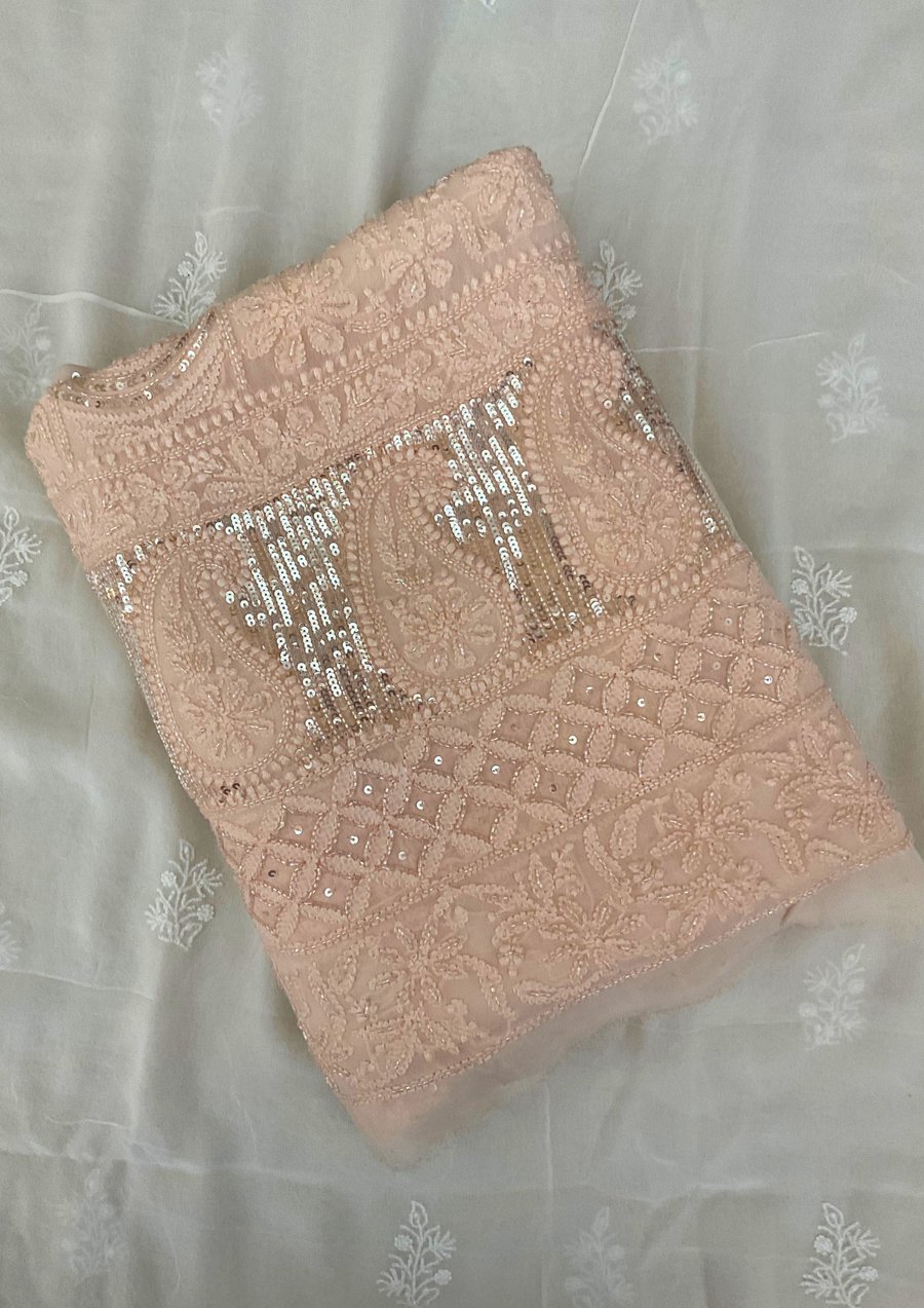 Chikankari Vescose Unstitched Suit - Peach